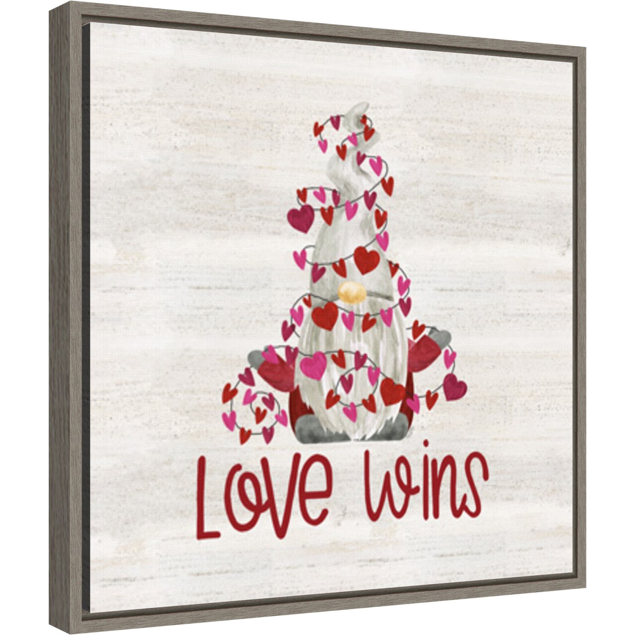 Valentine Gnomes VII Love Wins by Tara Reed 16-in. W x 16-in. H. Canvas Wall Art Print Framed in Grey